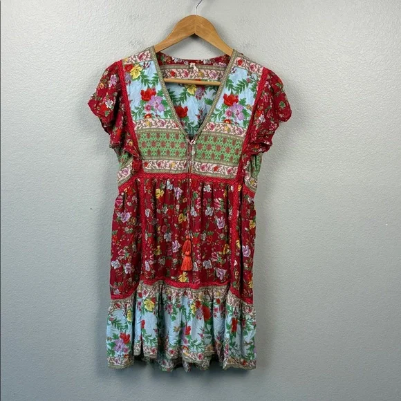 Tulle & Batiste Miriam Mini Dress Rococo Red Patchwork Floral Ruffle Midi M - Picture 4 of 9